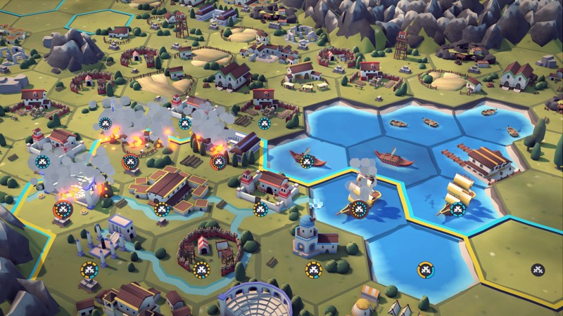 Border conflict with burning buildings and ships on the lake