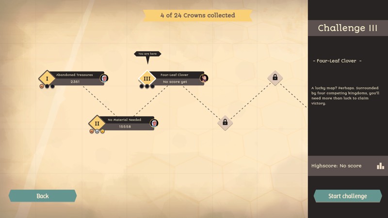 Challenge select screen with the mission path and collected crowns