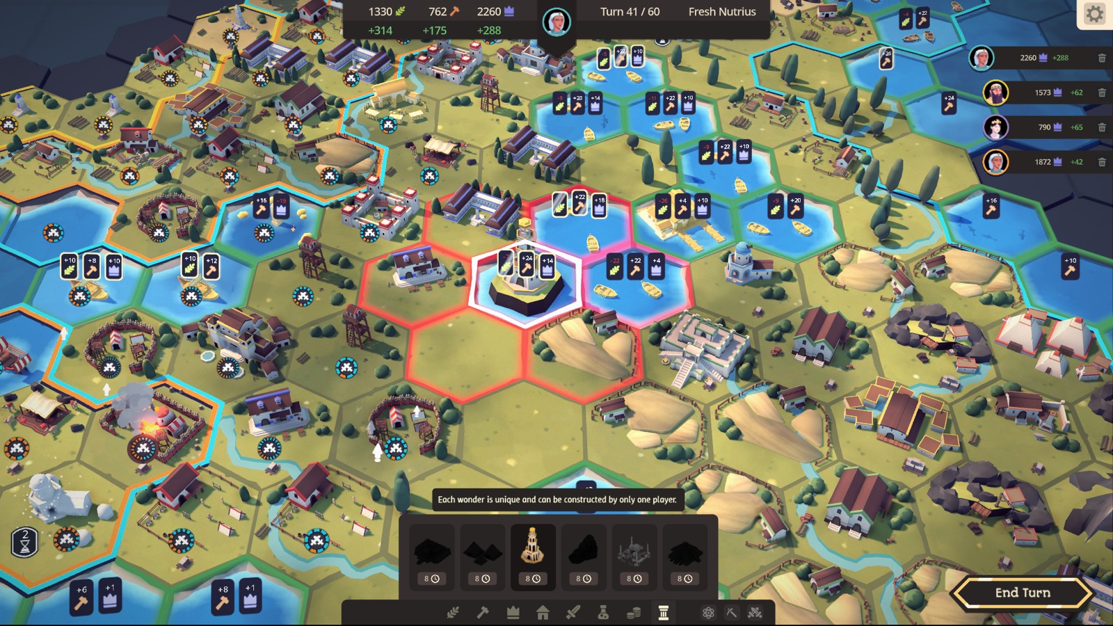 A developed empire with chained production buildings on the hex map