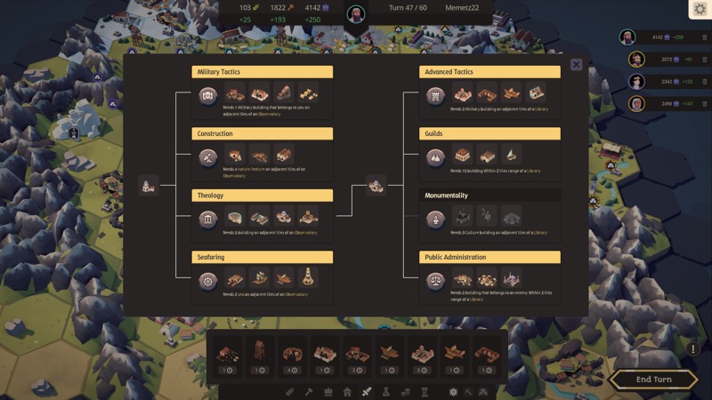 Research tree with unlockable building groups